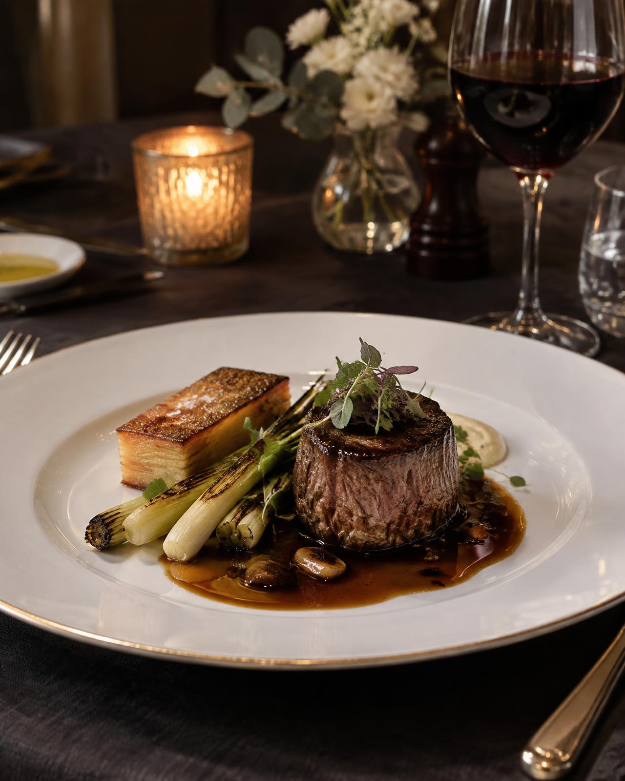 Plated beef tenderloin with charred leeks and potato pavé by candlelight