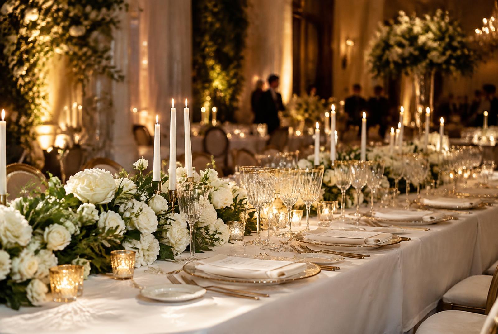 Wedding reception table with ivory florals, taper candles and crystal glassware